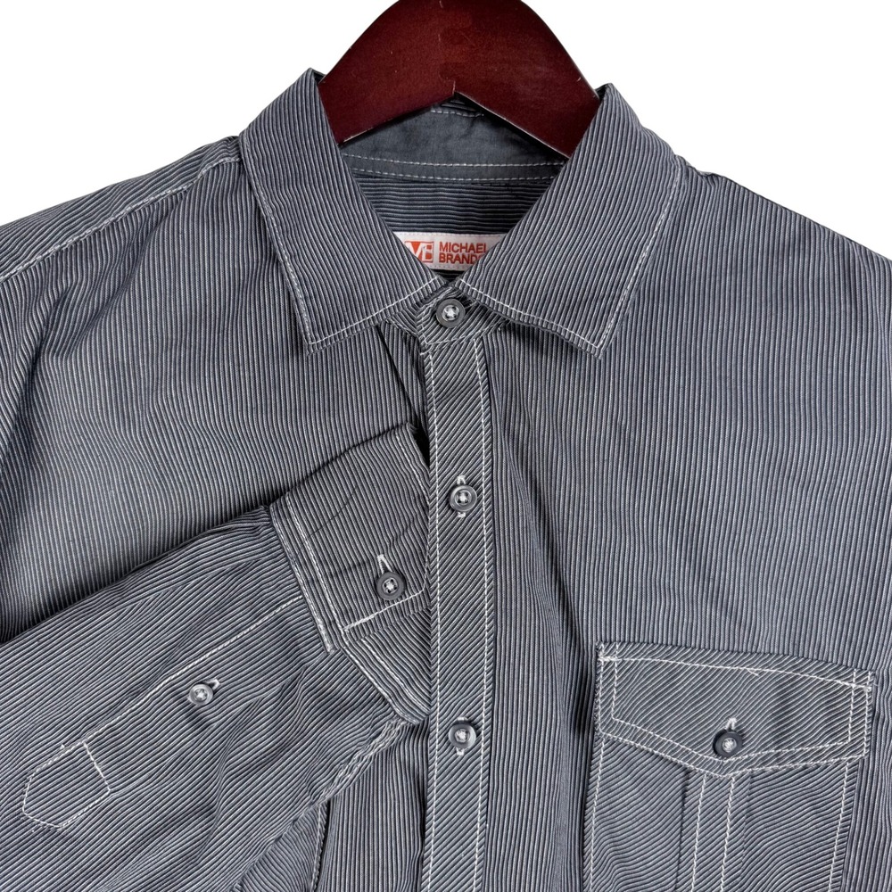 Michael Brandon Mens Gray‎ Micro Stripe Long Sleeve Button Down Shirt Large L